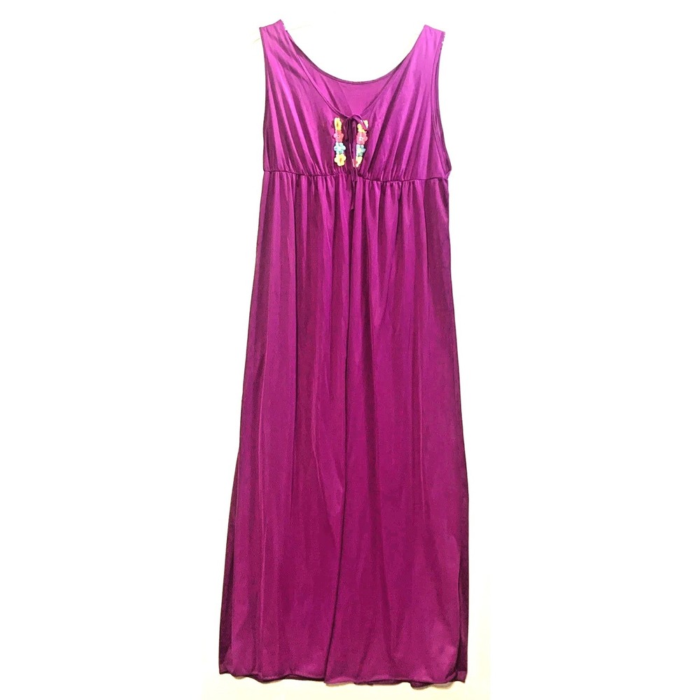 Vintage 70s Nylon Nightgown M Magenta Chenille Floral Applique Flowy Maxi Dress